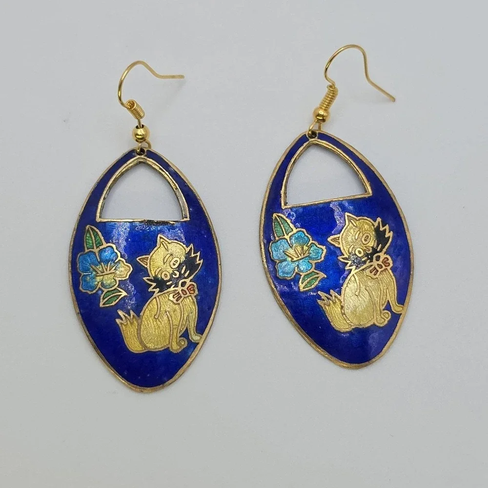Vtg Cloisonne Kitten Cat Flower Earrings Cobalt Blue Enamel Gold‎ Dangle